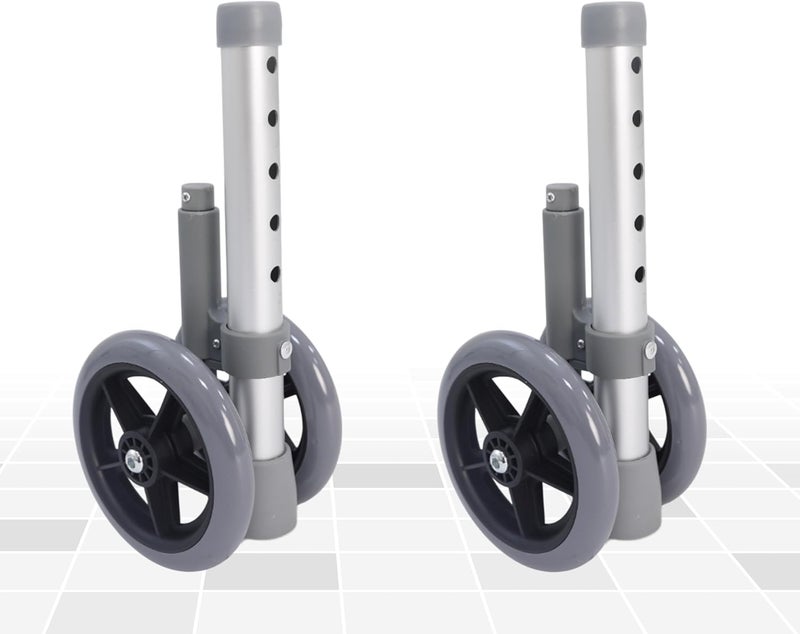 Dr. Aid Premium Auto Brake Walker Wheels – Replacement Wheel for Walkers, 5" Double Wheels with 5 Height Adjustments – Easy Installation, Pack of 2 - Image 1
